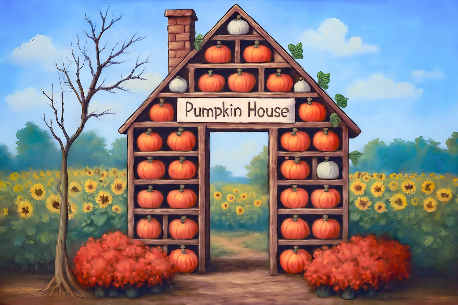 Fall Backdrop Pumpkin House Harvest Sunflower Fall Photo Backdrop MRR8-271