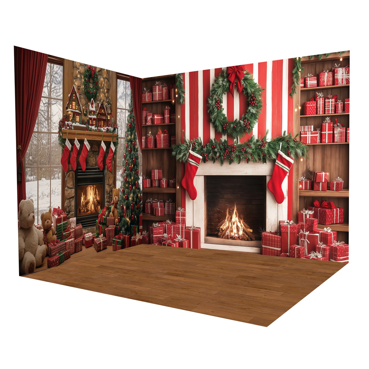 Christmas Backdrop Cozy Fireplace Window Backdrop Room Set MRR8-277