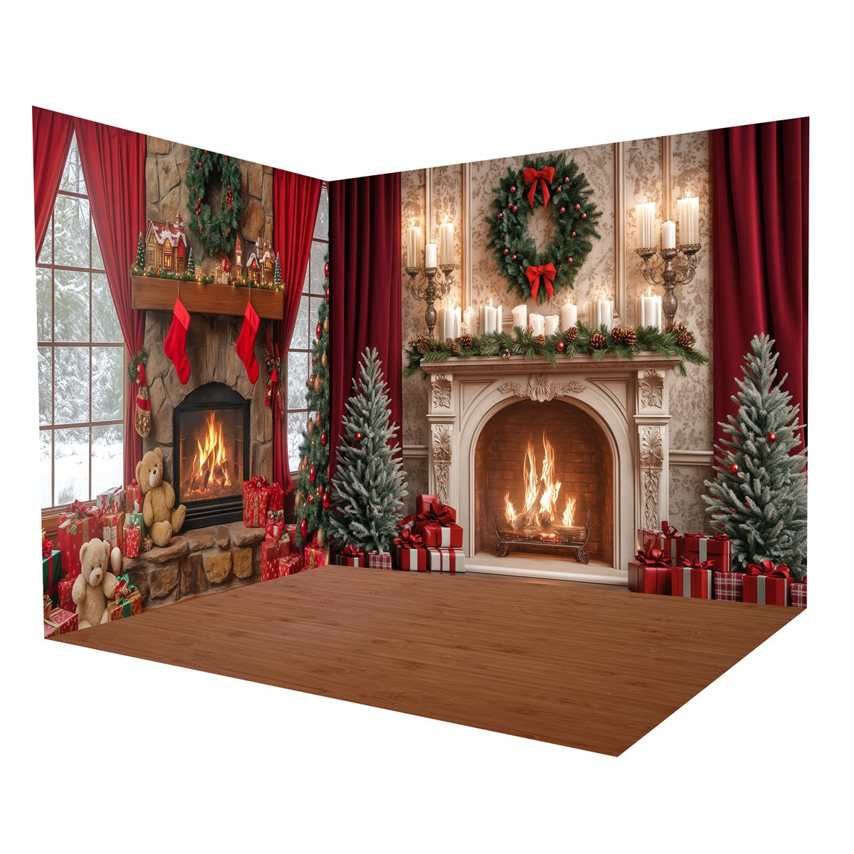 Christmas Photo Backdrop Snowy Window Fireplace Backdrop Room Set MRR8-279