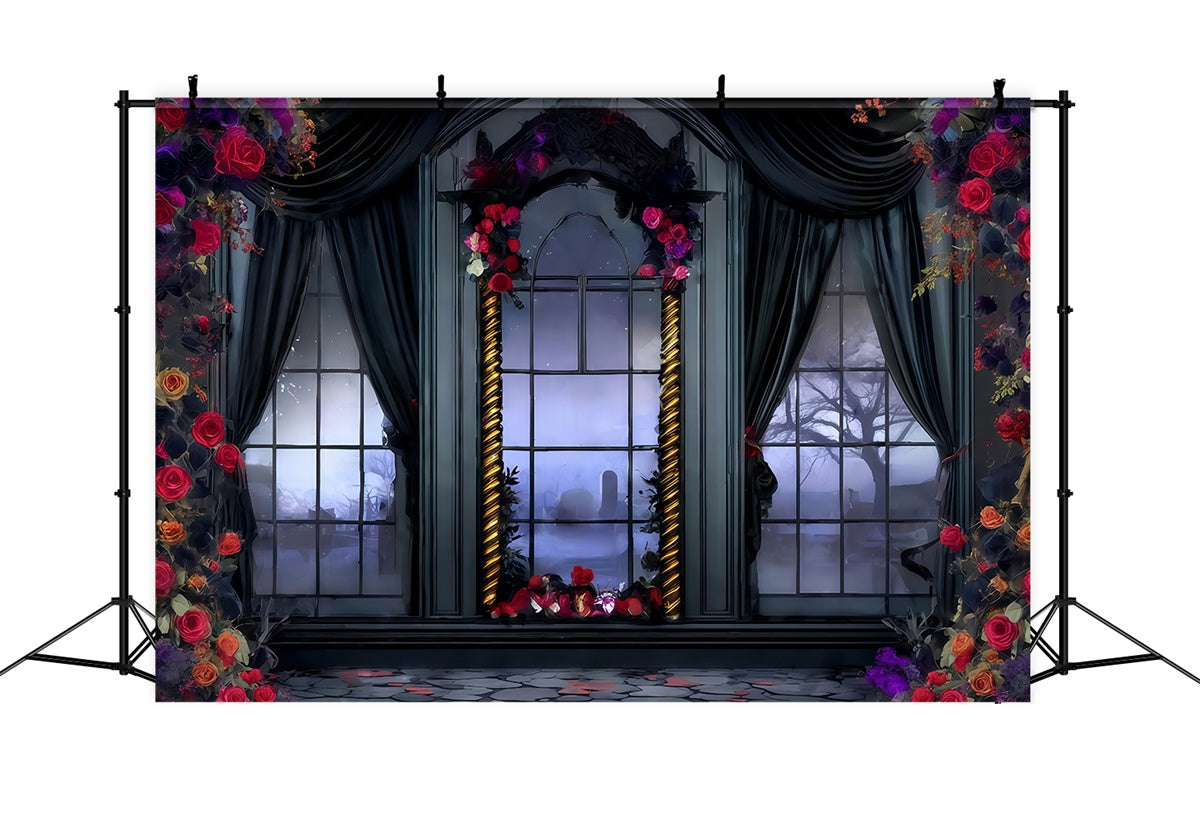 Halloween Photo Backdrop Victorian Rose Draped Window Halloween Backdrop MRR8-28