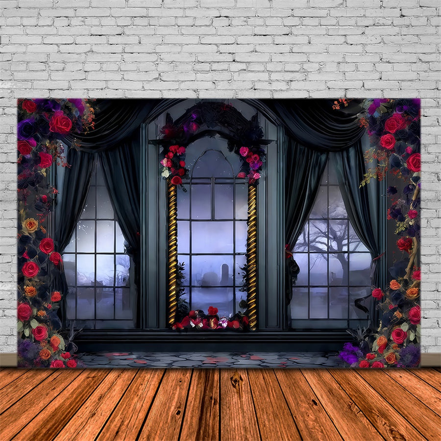 Halloween Photo Backdrop Victorian Rose Draped Window Halloween Backdr