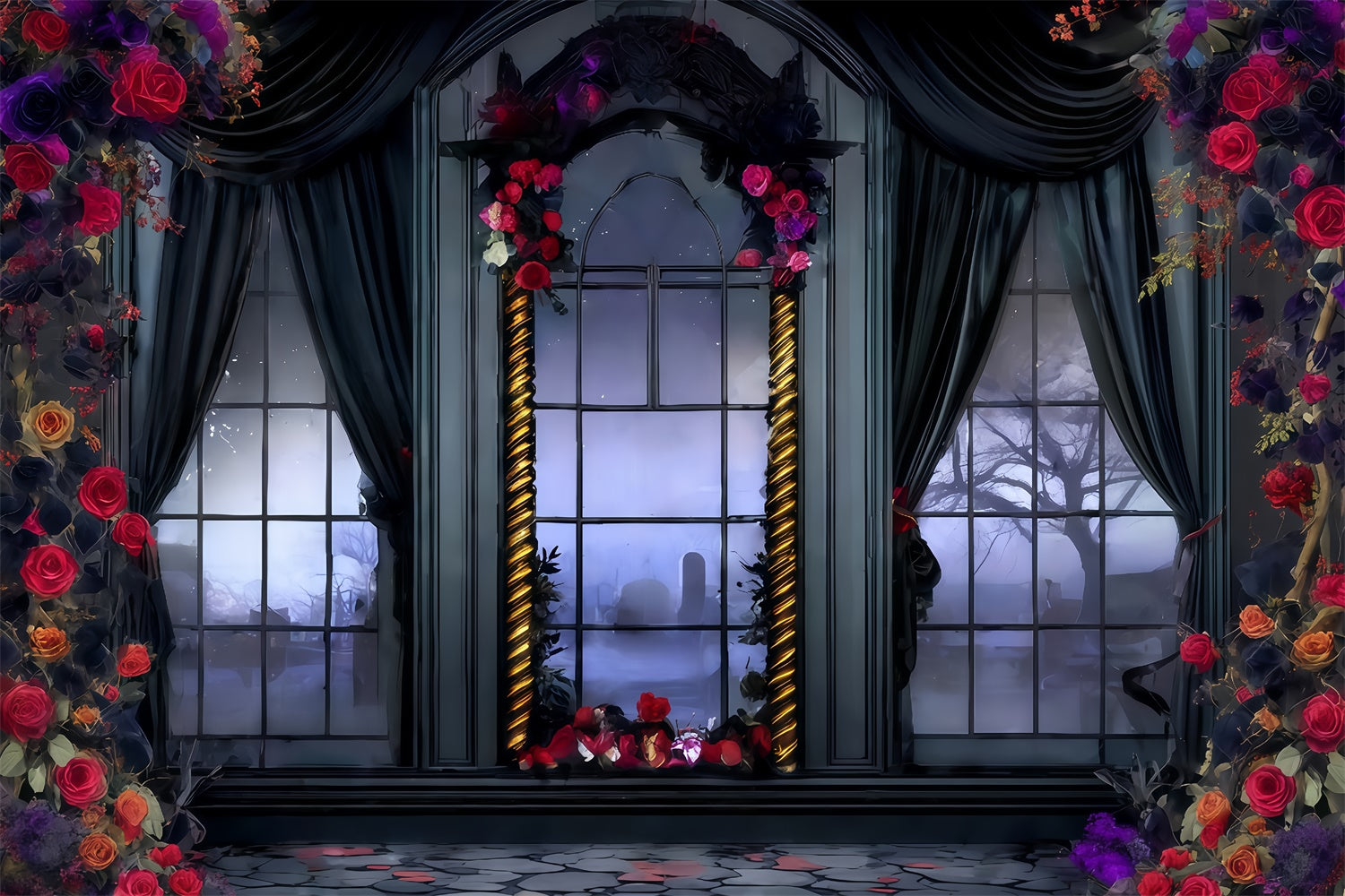 Halloween Photo Backdrop Victorian Rose Draped Window Halloween Backdrop MRR8-28