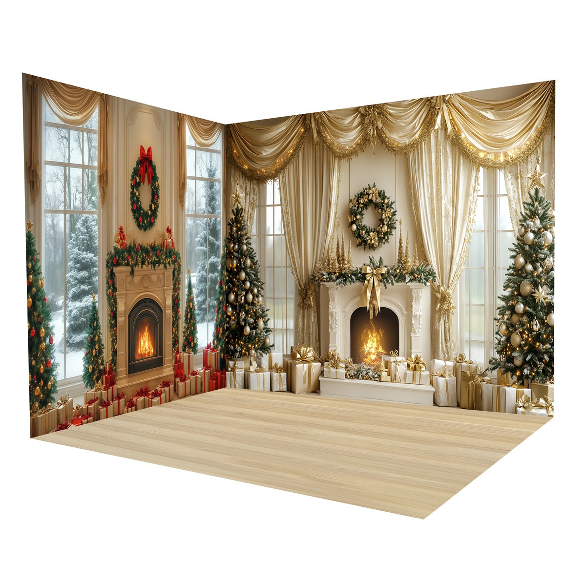 Christmas Photography Backdrops Golden Holiday Fireplace Backdrop Room Set MRR8-280