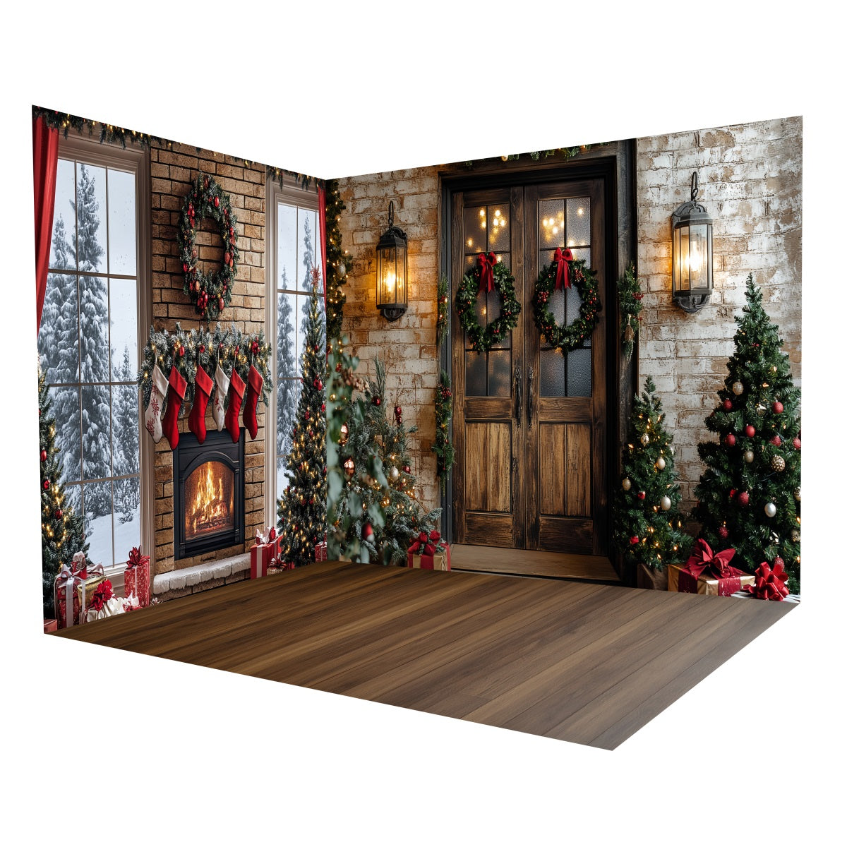 Christmas Photo Backdrop Cozy Fireplace Vintage Door Backdrop Room Set MRR8-289