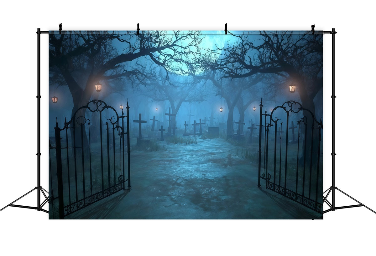Halloween Graveyard Backdrop Moonlit Gate Cemetery Path Halloween Backdrop MRR8-29