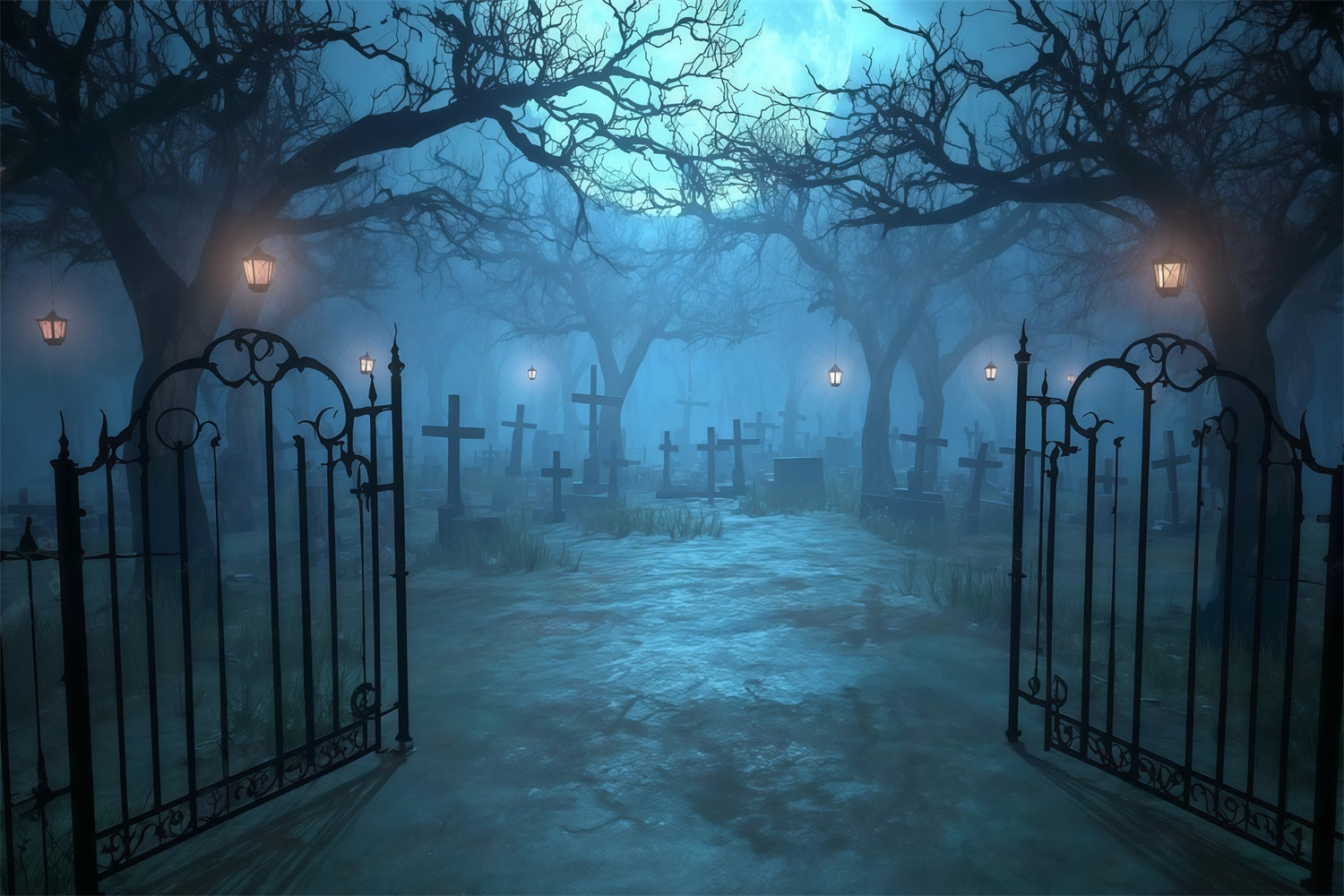 Halloween Graveyard Backdrop Moonlit Gate Cemetery Path Halloween Backdrop MRR8-29