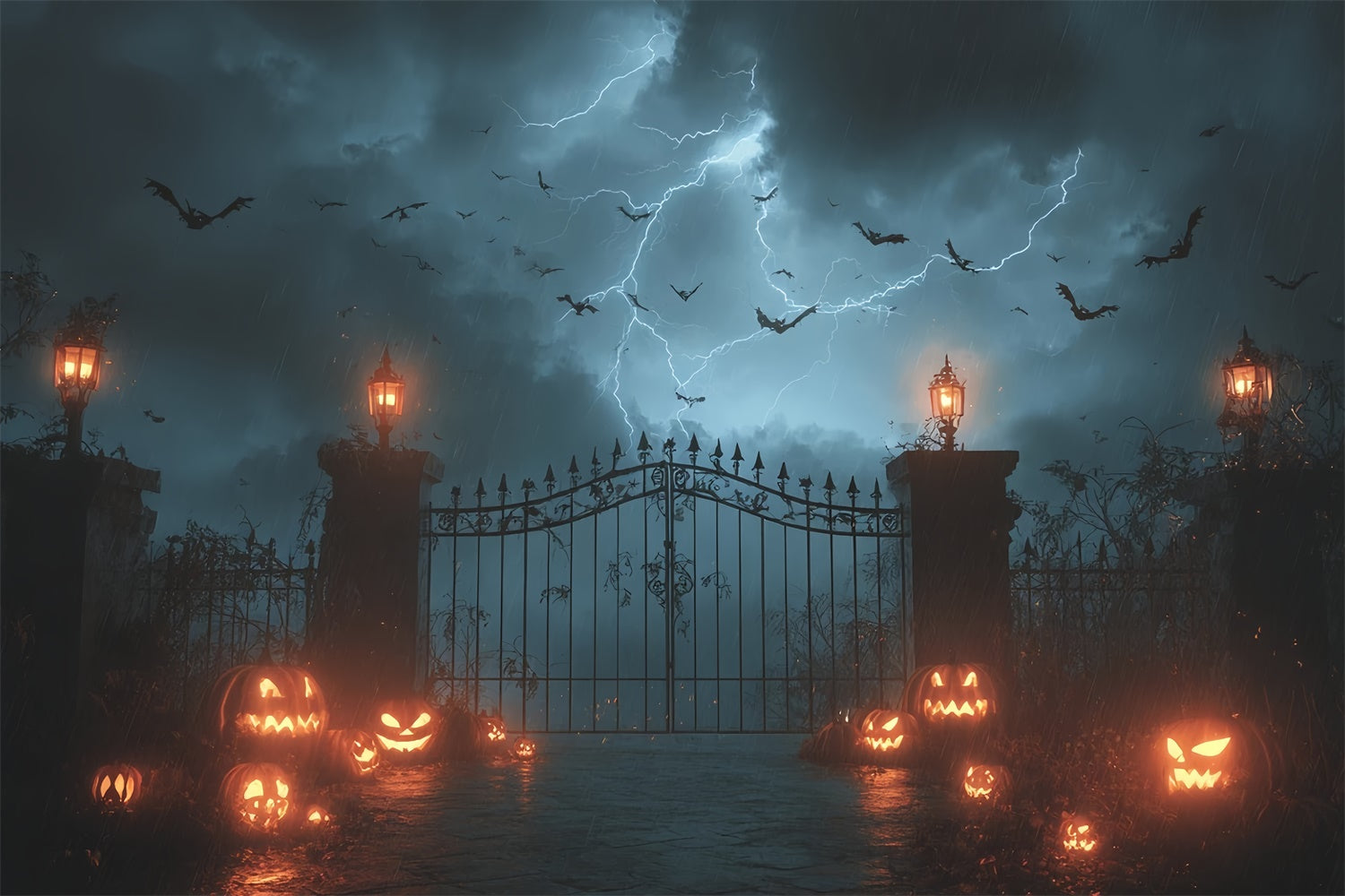 Thunder and Lightning Scary Door Pumpkin Halloween Backdrop MRR8-3