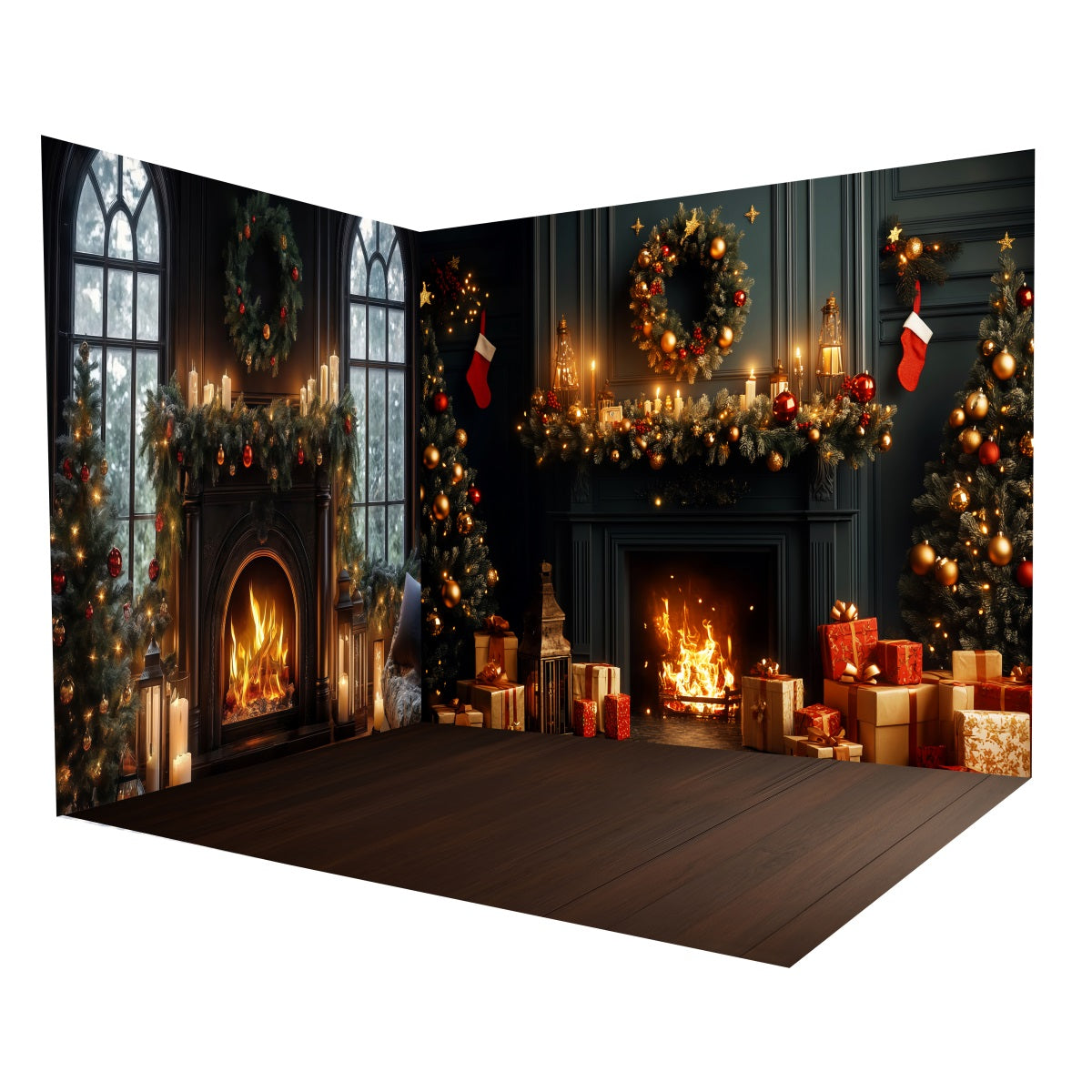 Christmas Photo Backdrop Night Fireplace Candle Backdrop Room Set MRR8-304