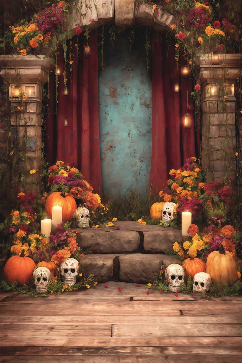 Halloween Photography Backdrop Flower Sacrifice Skeleton Candle Arch Backdrop MRR8-36