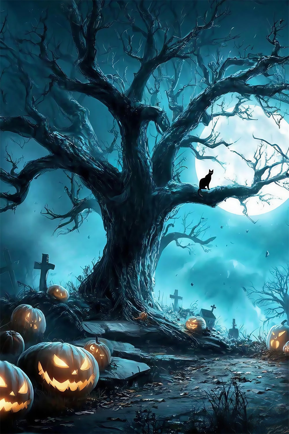 Halloween Graveyard Backdrop Spooky Forest Grave Full Moon Halloween Backdrop MRR8-38