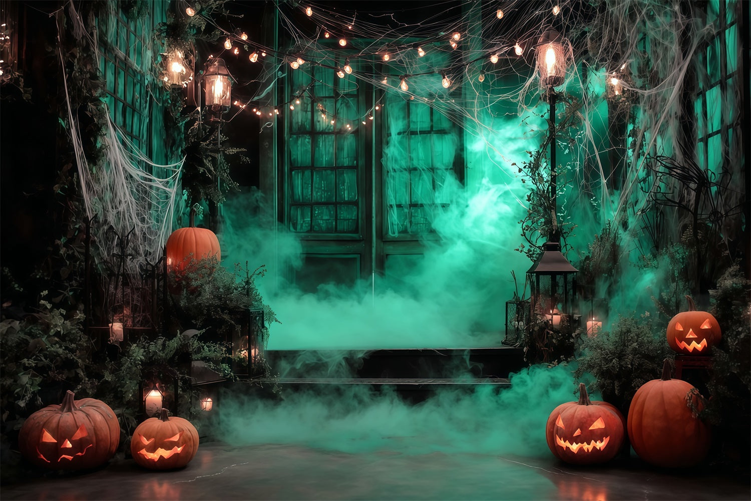 Garage Door Halloween Backdrop Eerie Lights Misty Wood Halloween Backdrop MRR8-4