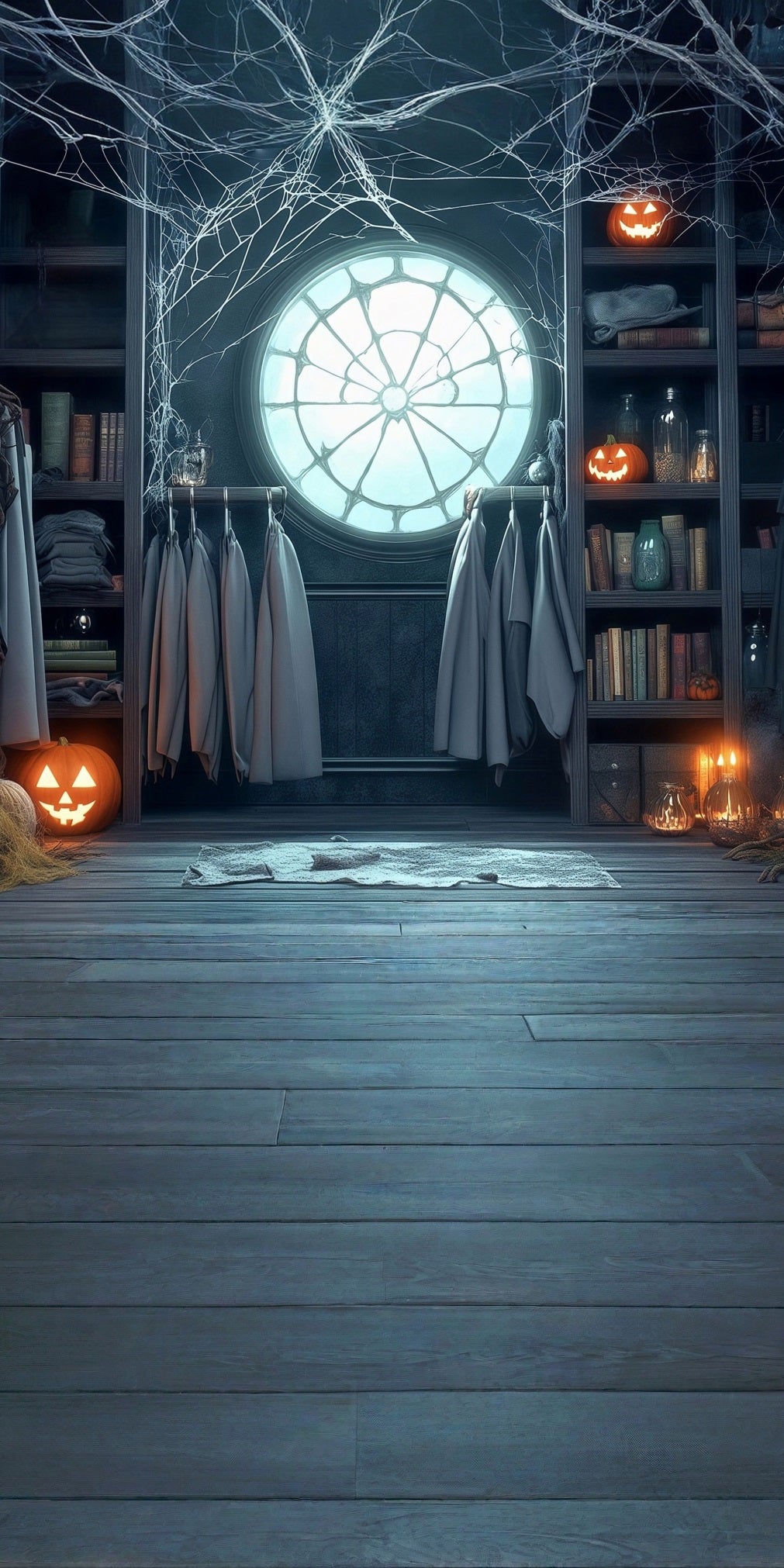 Halloween Backdrops Cobweb Window Pumpkin Lights Bookshelf Hanger Sweep Backdrop MRR8-42