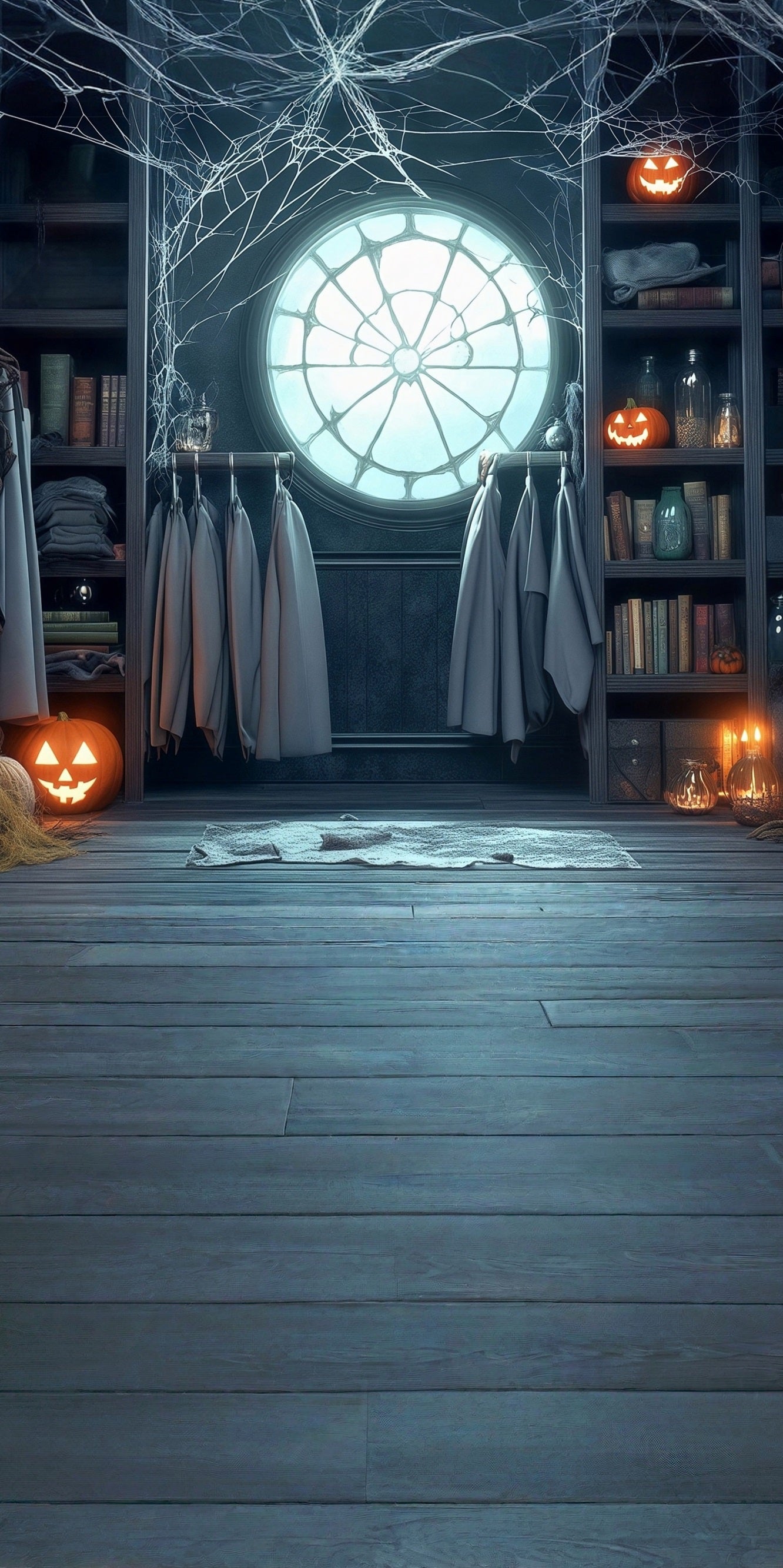 Halloween Backdrops Cobweb Window Pumpkin Lights Bookshelf Hanger Sweep Backdrop MRR8-42