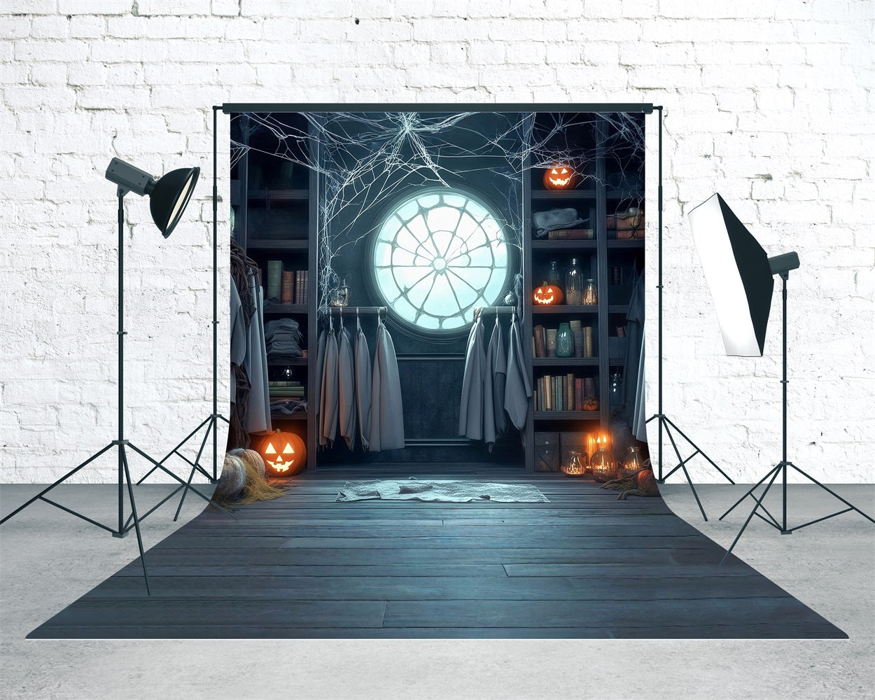 Halloween Backdrops Cobweb Window Pumpkin Lights Bookshelf Hanger Sweep Backdrop MRR8-42