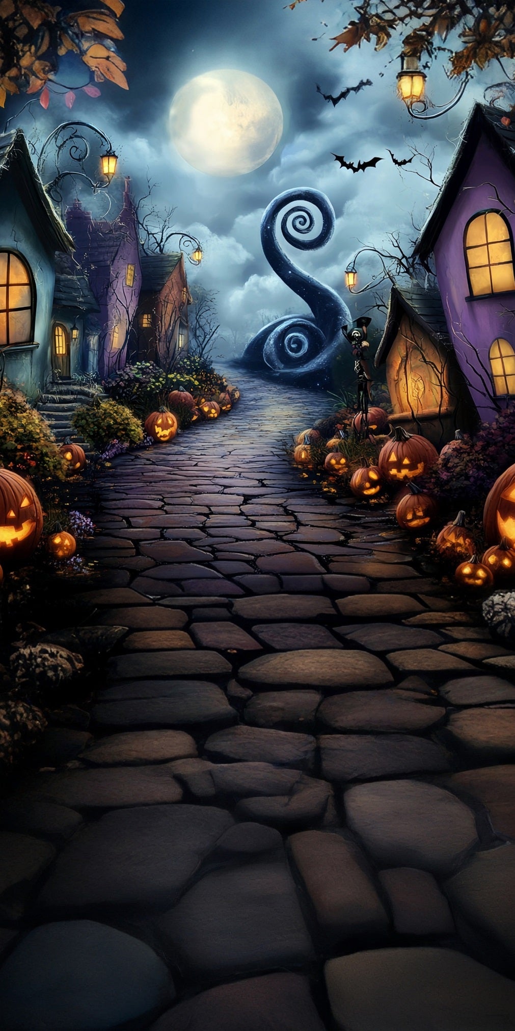 Halloween Photo Backdrop Moonlit Night Grotesque Town Sweep Backdrop MRR8-43