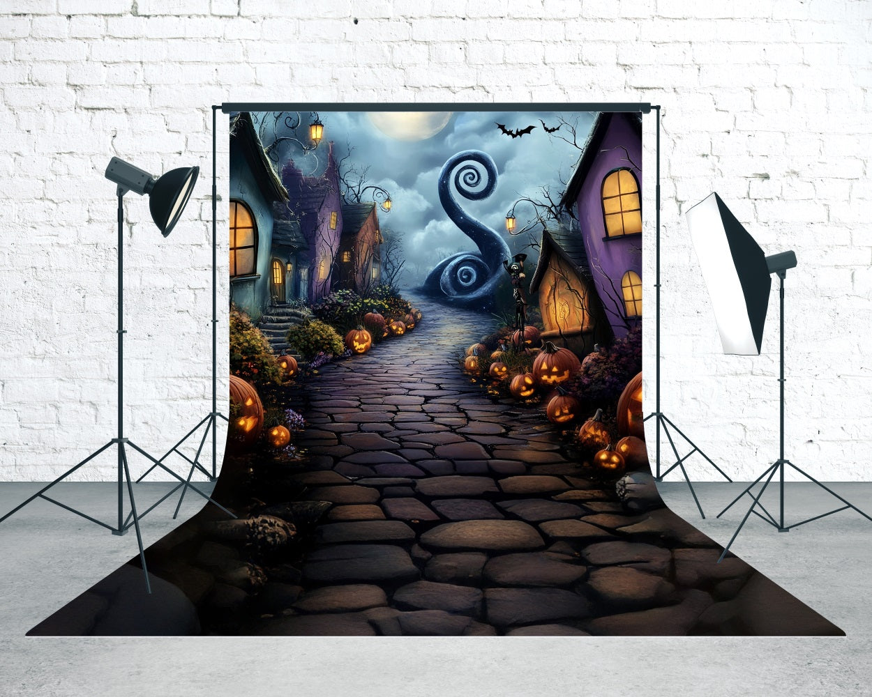 Halloween Photo Backdrop Moonlit Night Grotesque Town Sweep Backdrop MRR8-43
