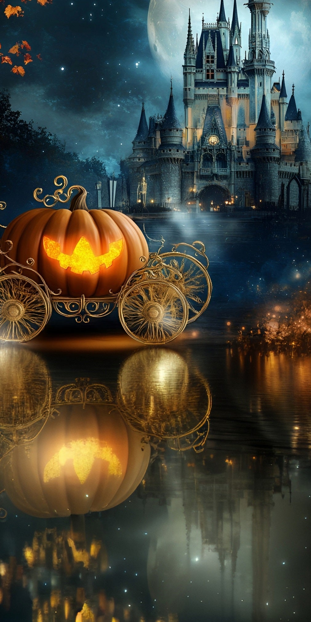 Halloween Backdrop for Photos Pumpkin Carriage Dreamy Castle Lake Sweep Backdrop MRR8-44