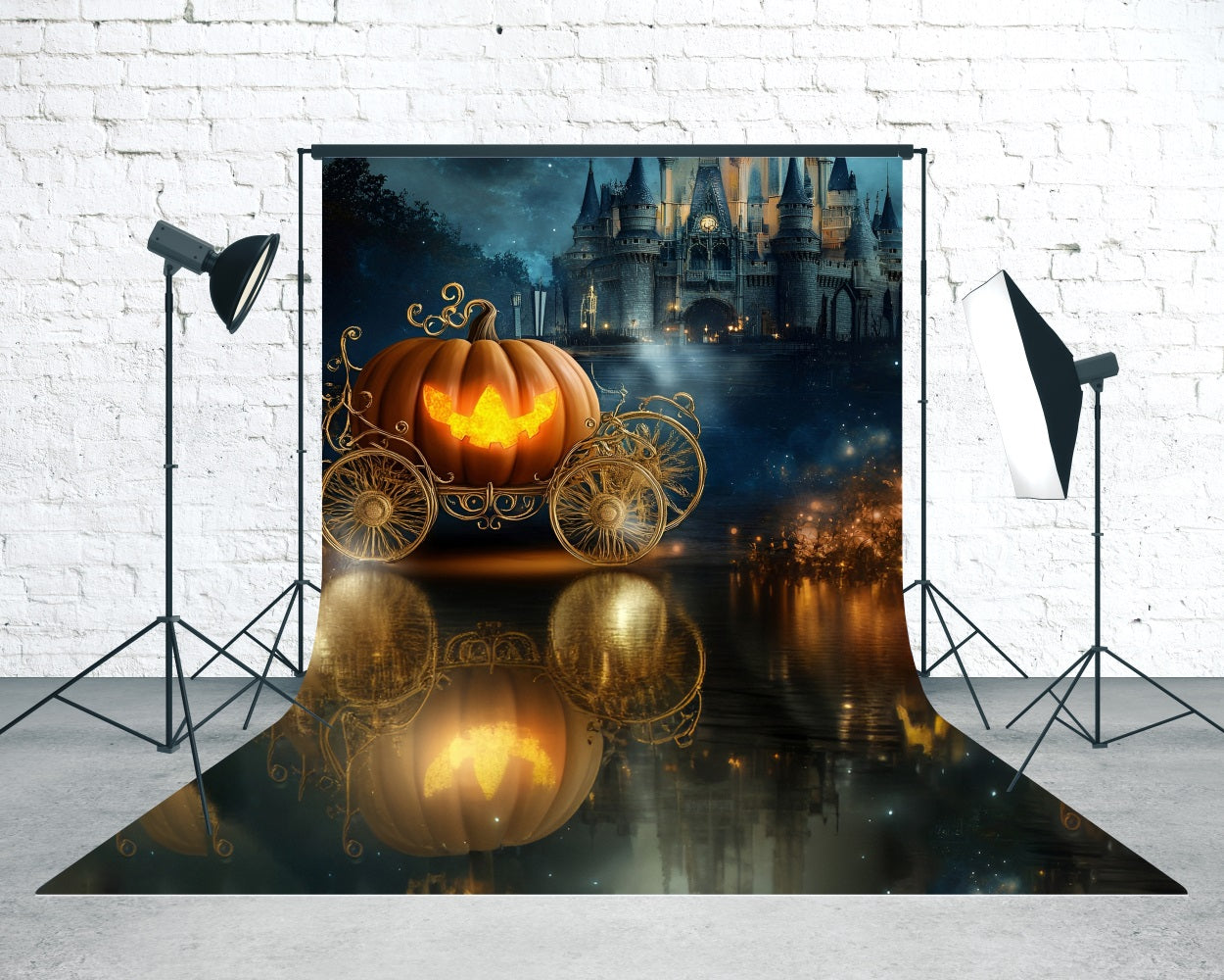 Halloween Backdrop for Photos Pumpkin Carriage Dreamy Castle Lake Sweep Backdrop MRR8-44