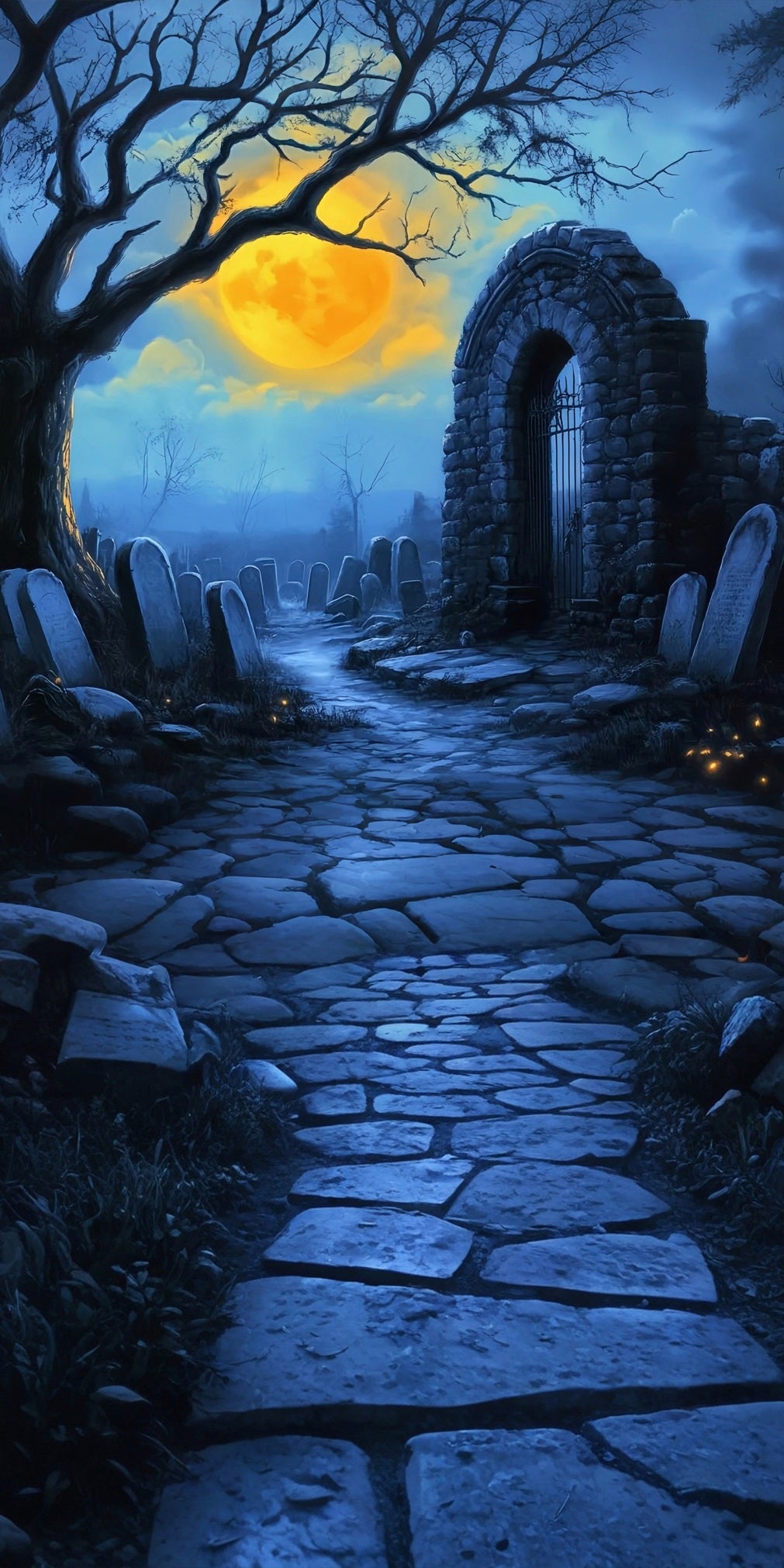 Halloween Graveyard Backdrop Cemetery under the Moonlit Night Sweep Backdrop MRR8-48