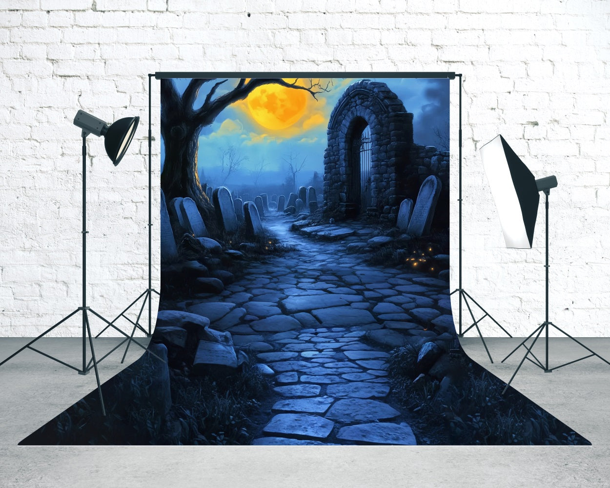 Halloween Graveyard Backdrop Cemetery under the Moonlit Night Sweep Backdrop MRR8-48