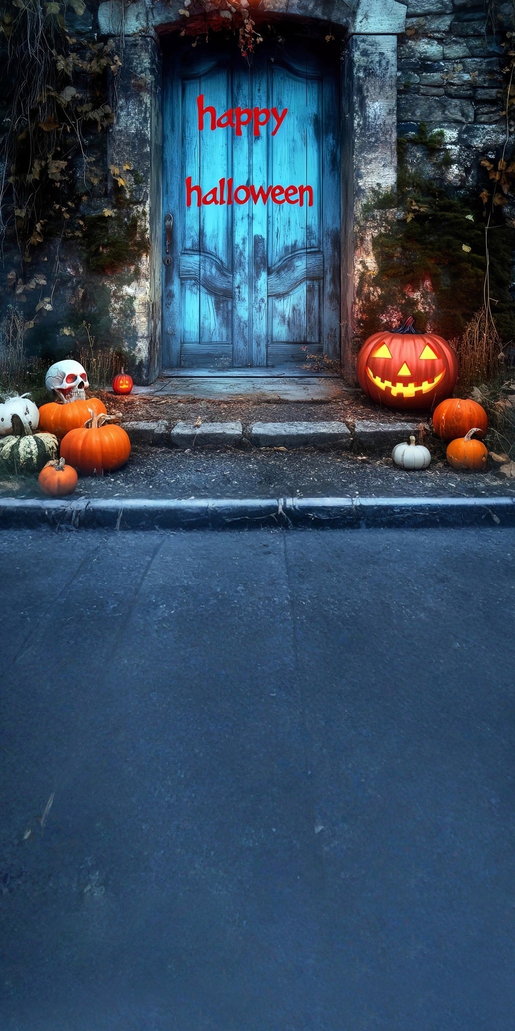 Halloween Photo Backdrops Bloodletter Happy Halloween Blue Vintage Door Sweep Backdrop MRR8-50