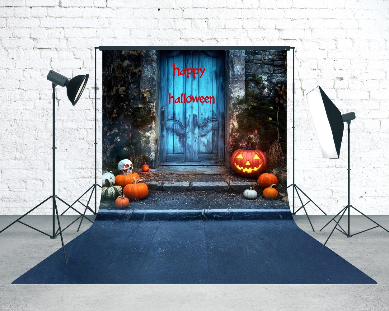 Halloween Photo Backdrops Bloodletter Happy Halloween Blue Vintage Door Sweep Backdrop MRR8-50