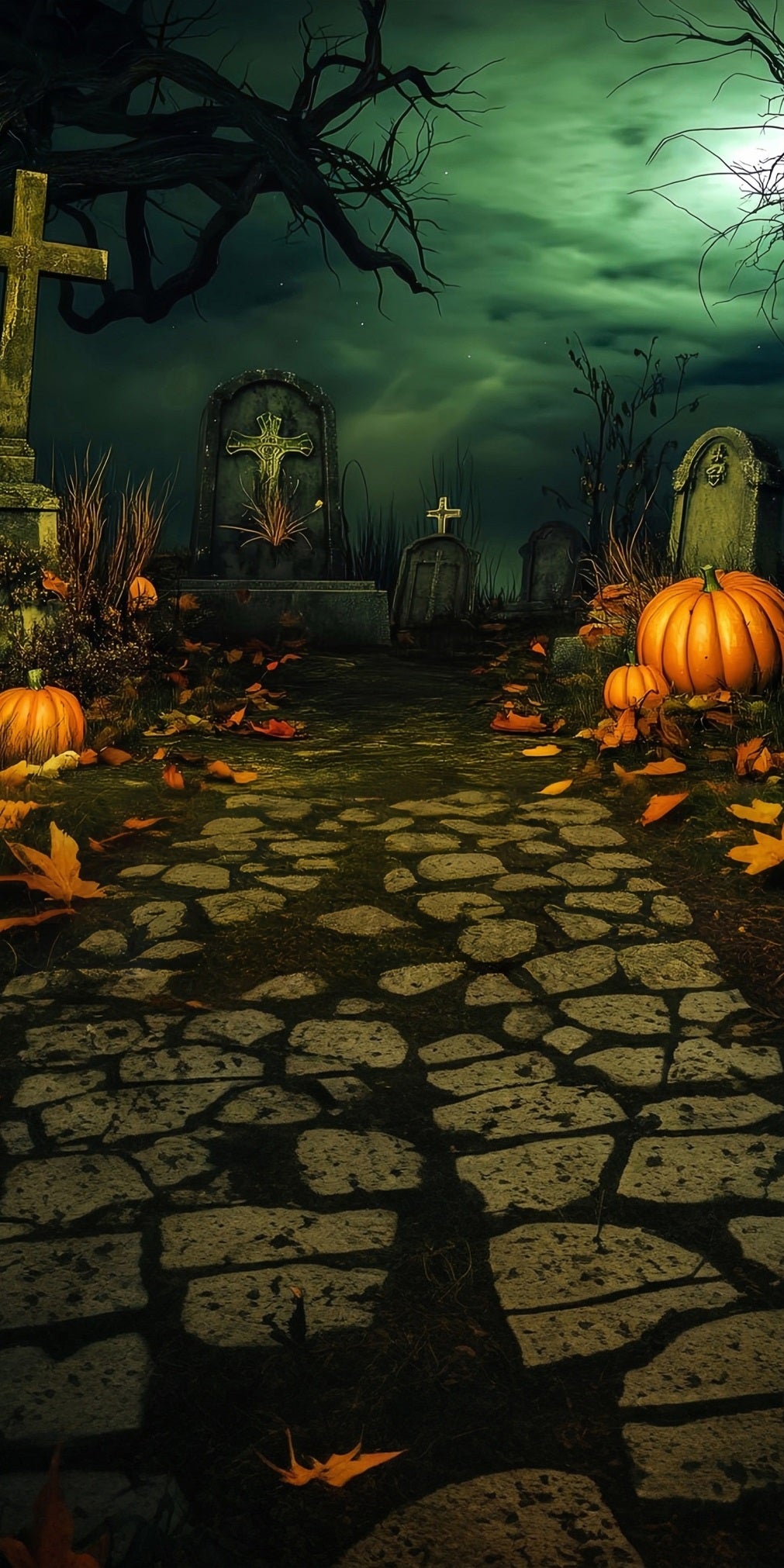 Halloween Graveyard Backdrop Vintage Cemetery at Night Sweep Backdrop MRR8-51
