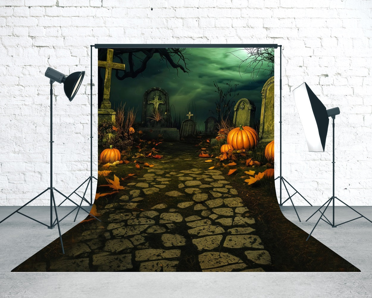Halloween Graveyard Backdrop Vintage Cemetery at Night Sweep Backdrop MRR8-51