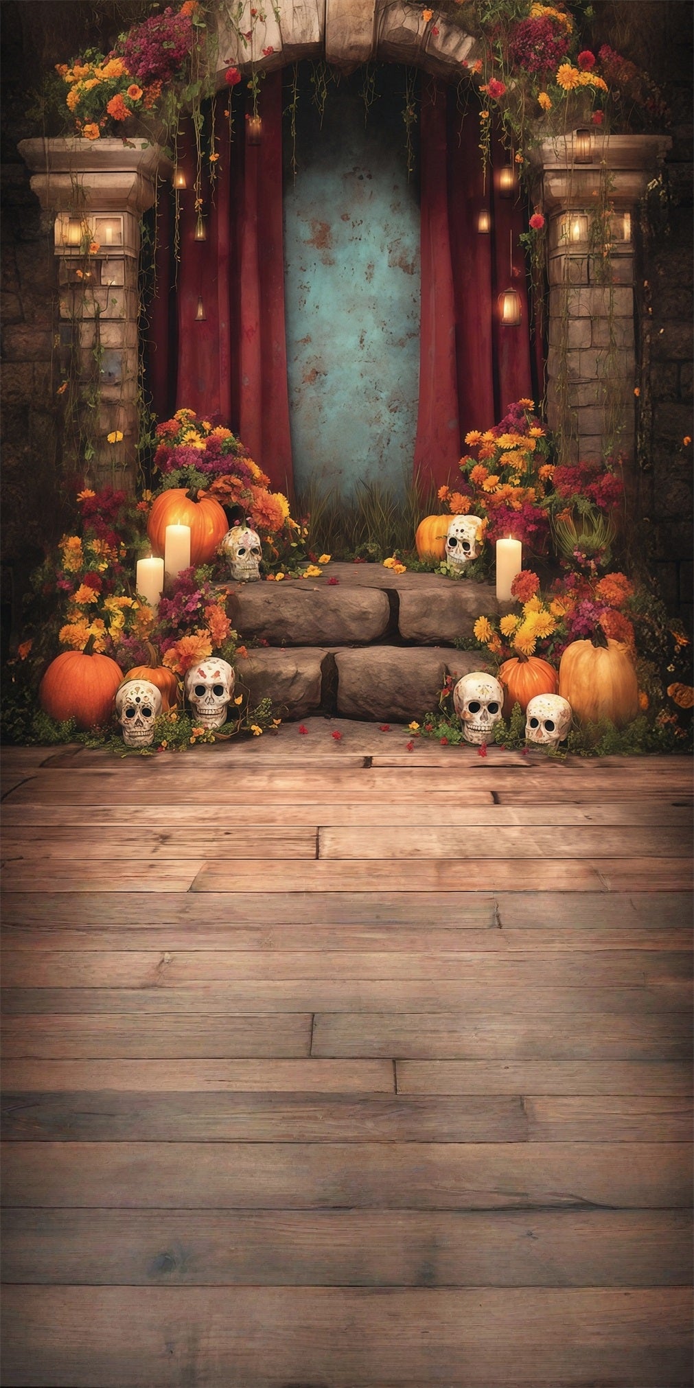 Spooky Halloween Backdrop Tranquil Flowers Candles Adorned Steps Sweep Backdrop MRR8-52