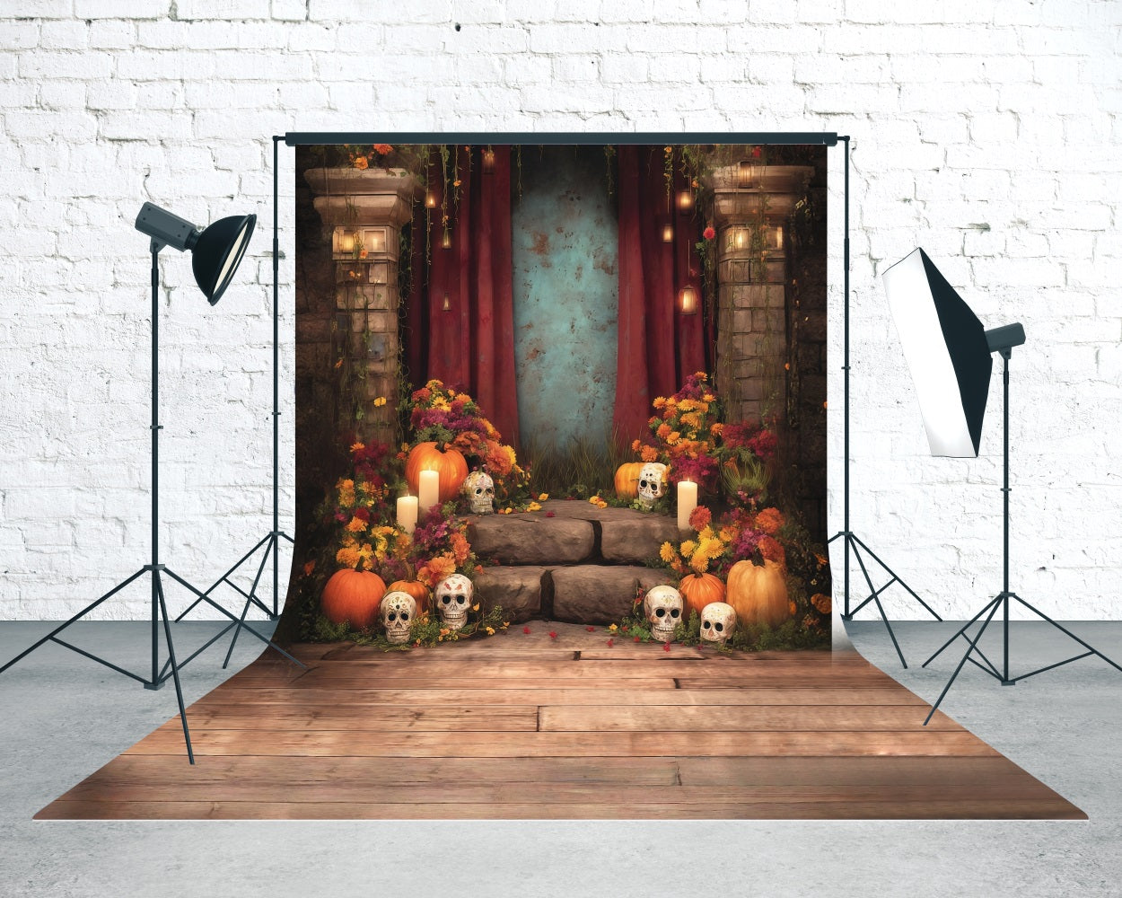 Spooky Halloween Backdrop Tranquil Flowers Candles Adorned Steps Sweep Backdrop MRR8-52