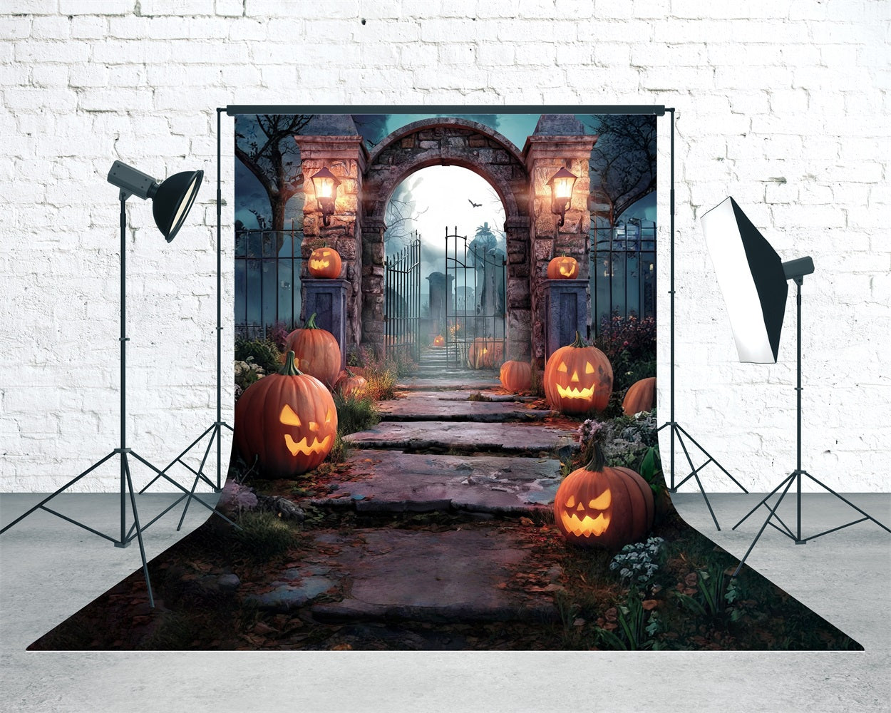 Halloween Graveyard Backdrop Pumpkin Lamps Stone Brick Cemetery Gate Sweep Backdrop MRR8-53