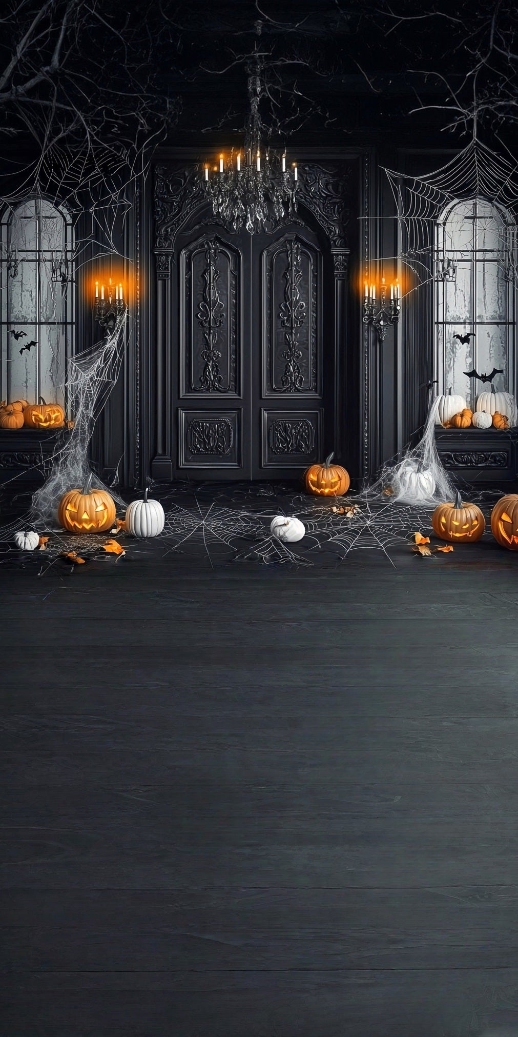 Halloween Photography Backdrop Cobweb-covered Black Vintage Walls Sweep Backdrop MRR8-54