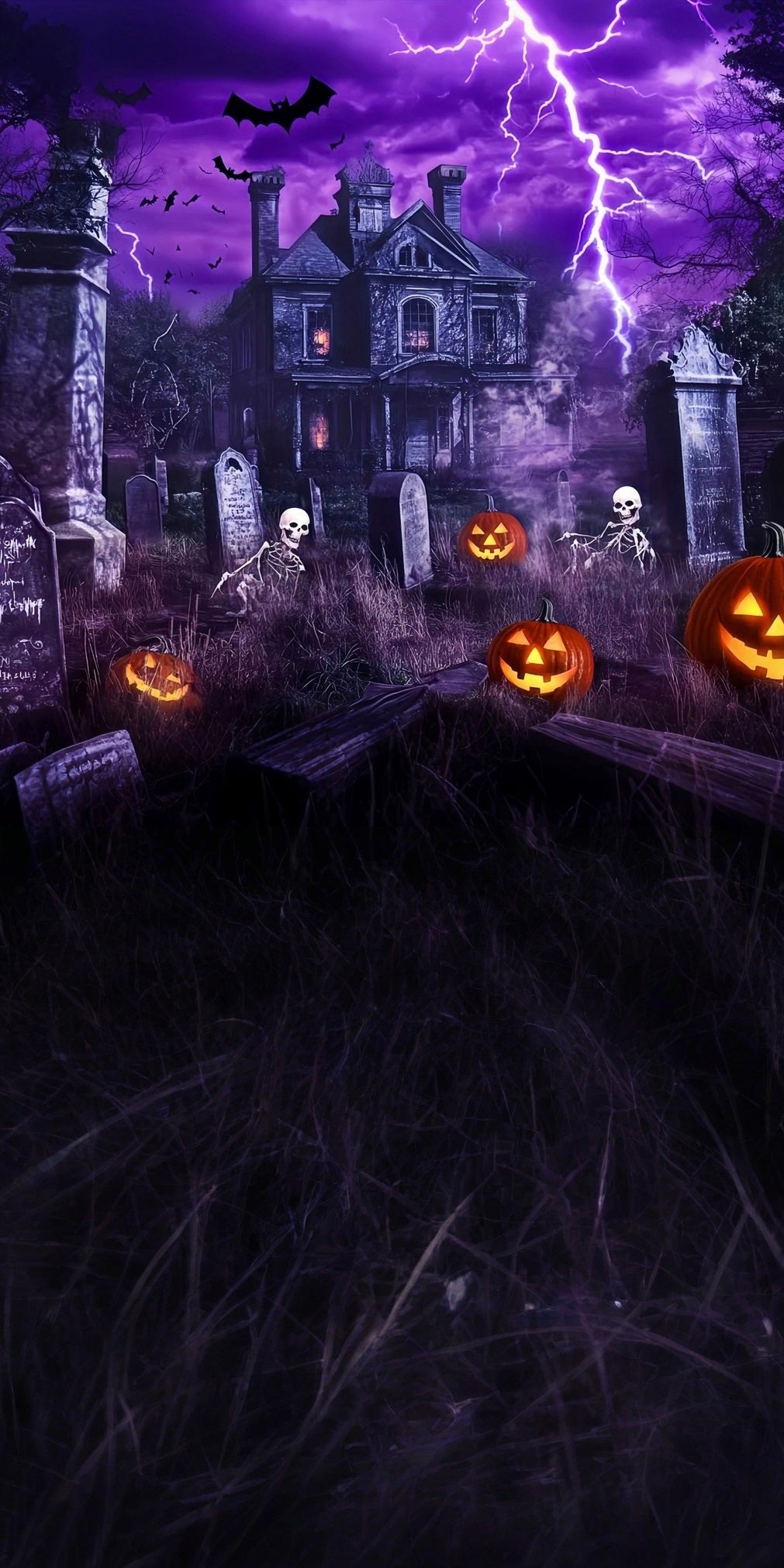 Haunted House Backdrop Lightning Haunted House Graveyard Skeleton Dance Sweep Backdrop MRR8-56