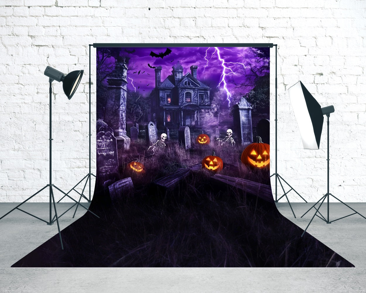 Haunted House Backdrop Lightning Haunted House Graveyard Skeleton Dance Sweep Backdrop MRR8-56