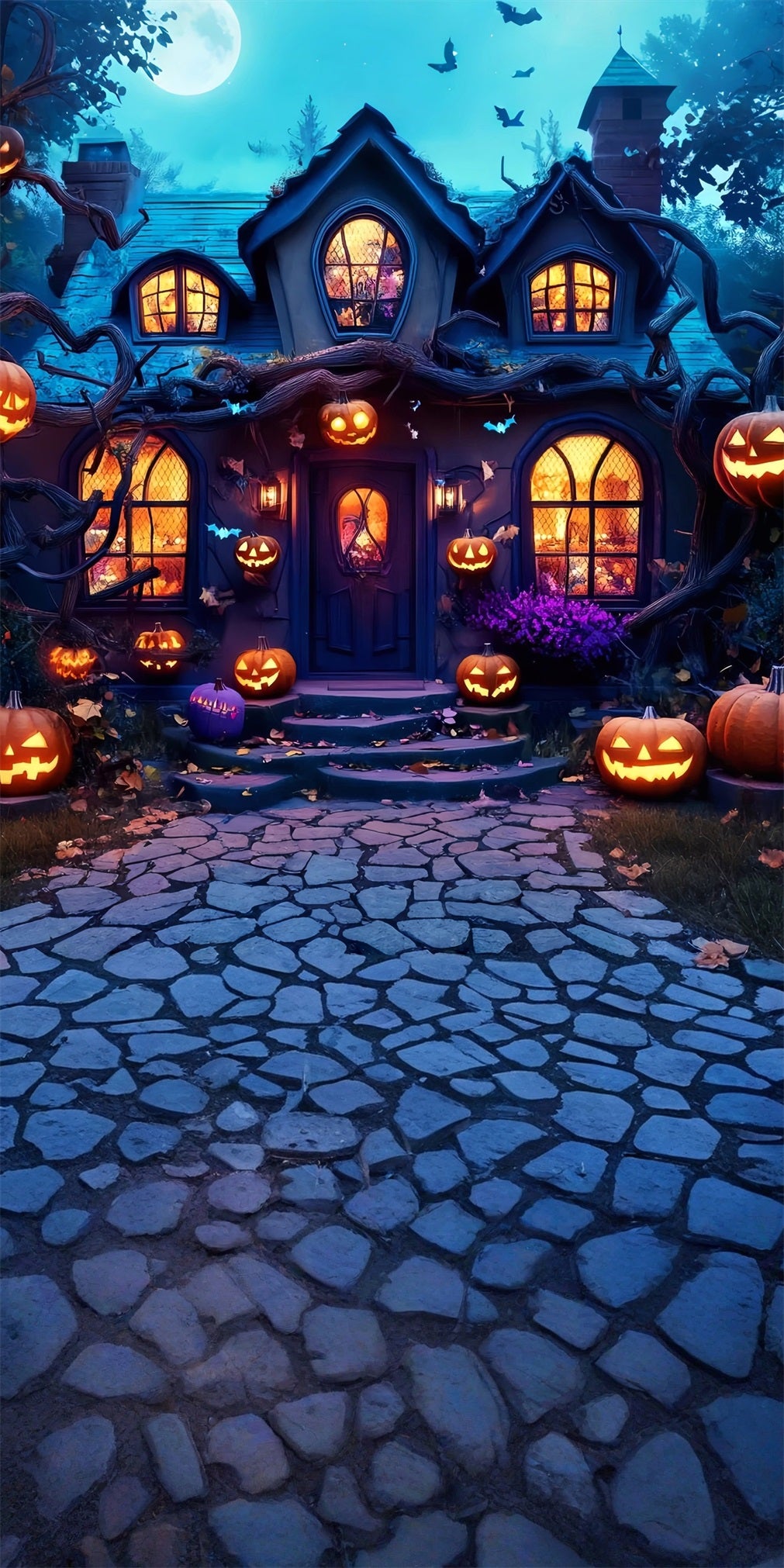 Haunted House Backdrop Moonlit Pumpkin Lamp Enchanted Cottage Sweep Backdrop MRR8-57