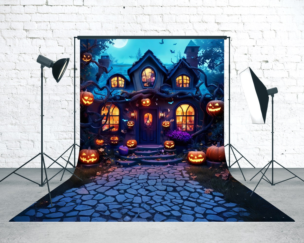 Haunted House Backdrop Moonlit Pumpkin Lamp Enchanted Cottage Sweep Backdrop MRR8-57