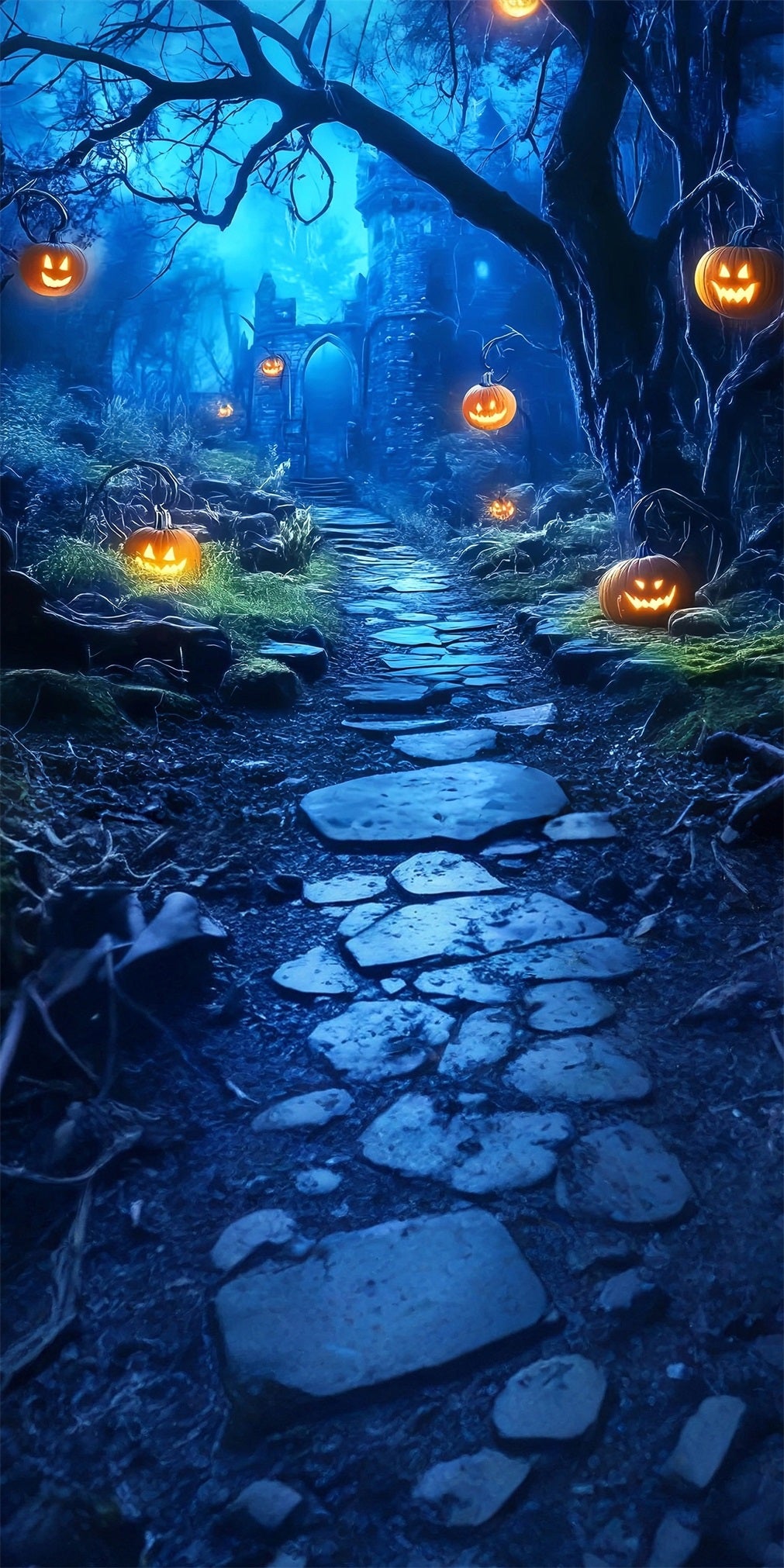 Scary Halloween Backdrops Pumpkin Lights Spooky Forest Trail Sweep Backdrop MRR8-58