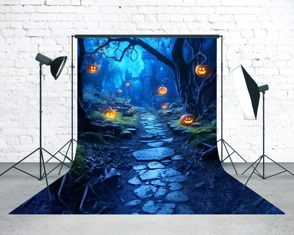 Scary Halloween Backdrops Pumpkin Lights Spooky Forest Trail Sweep Backdrop MRR8-58