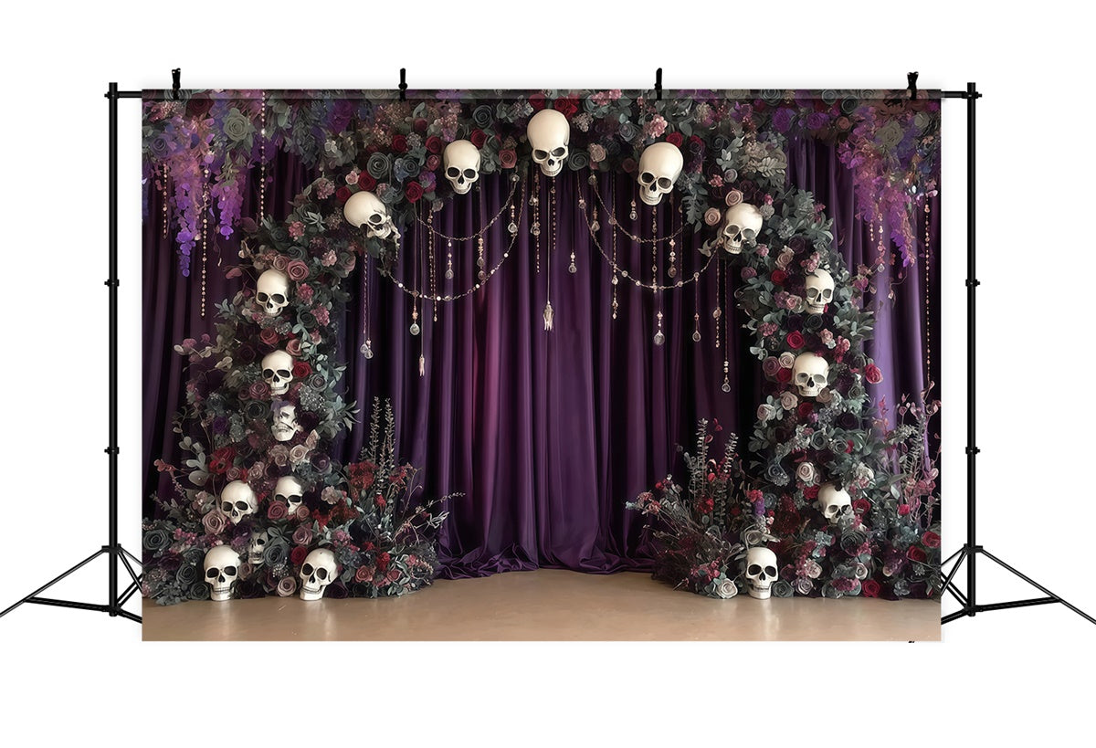 Halloween Photo Backdrop Skull Arch Flower Mystery Purple Halloween Backdrop MRR8-6