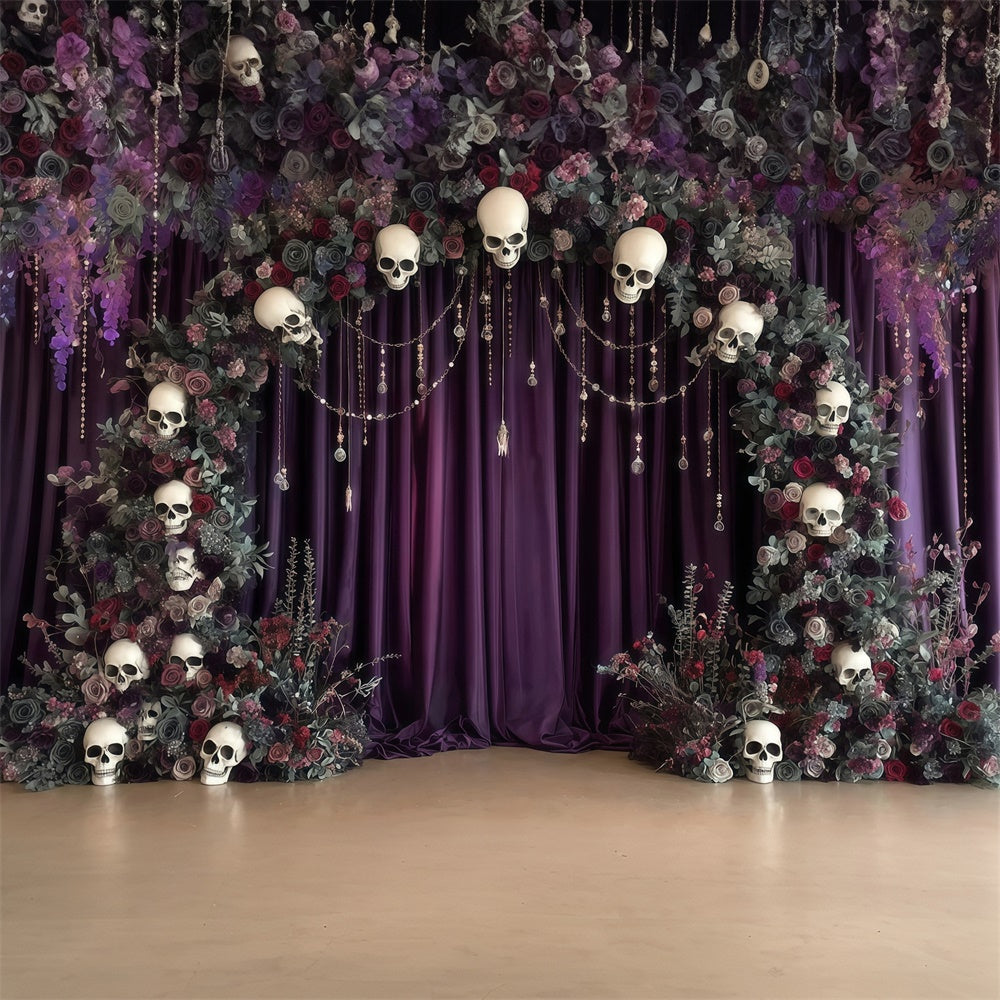 Halloween Photo Backdrop Skull Arch Flower Mystery Purple Halloween Backdrop MRR8-6