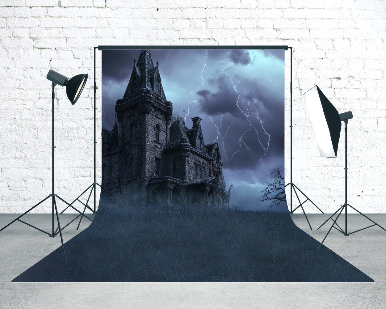 Spooky Halloween Backdrop Lightning Night Vintage Brick Wall Castle Sweep Backdrop MRR8-62