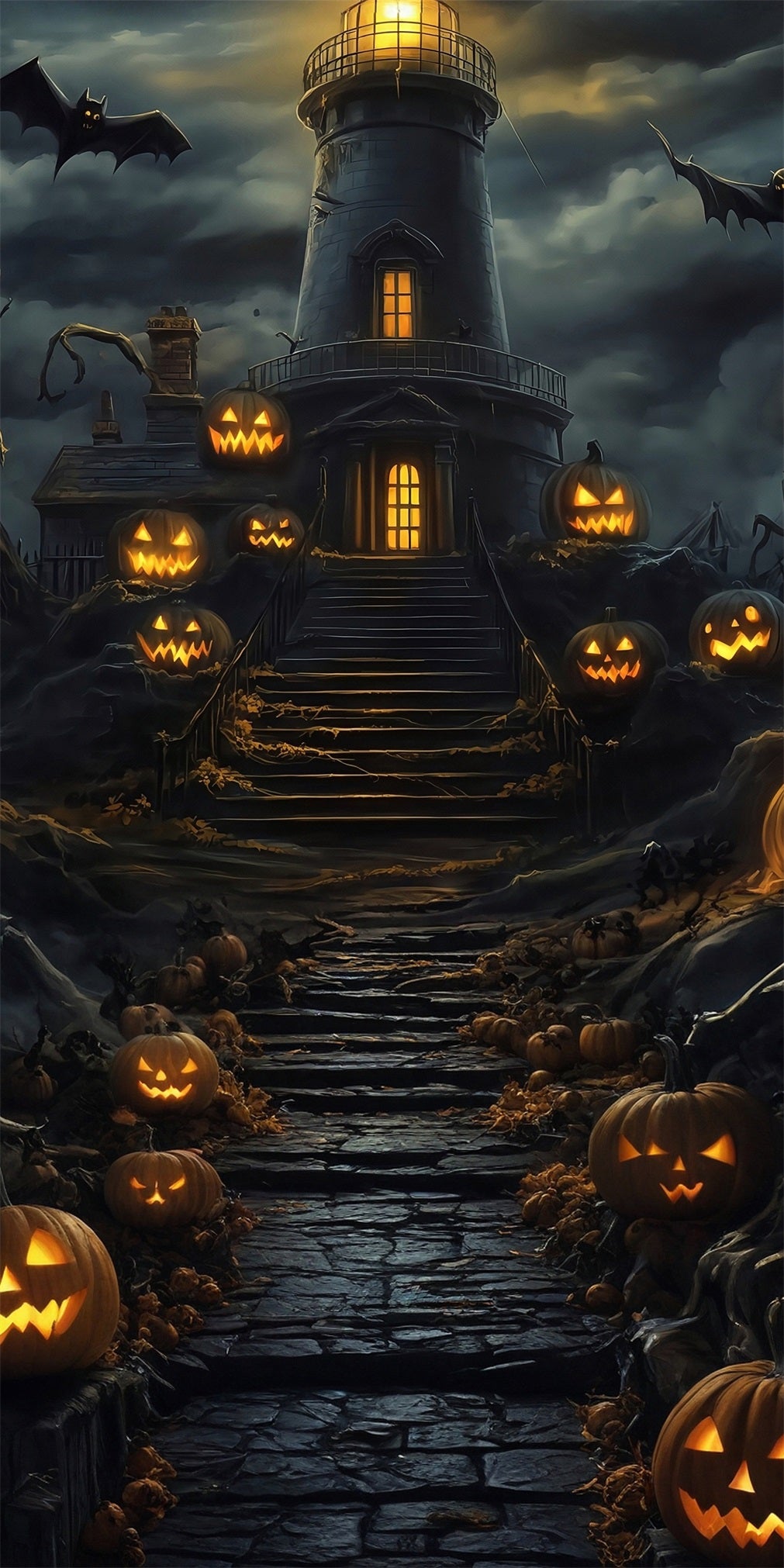 Halloween Backdrop Pumpkin Lamp Steps Dark Clouds Dark Night Tower Sweep Backdrop MRR8-64