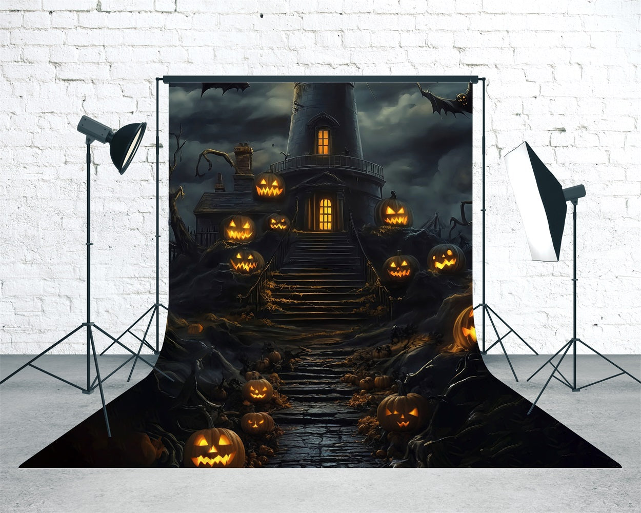 Halloween Backdrop Pumpkin Lamp Steps Dark Clouds Dark Night Tower Sweep Backdrop MRR8-64