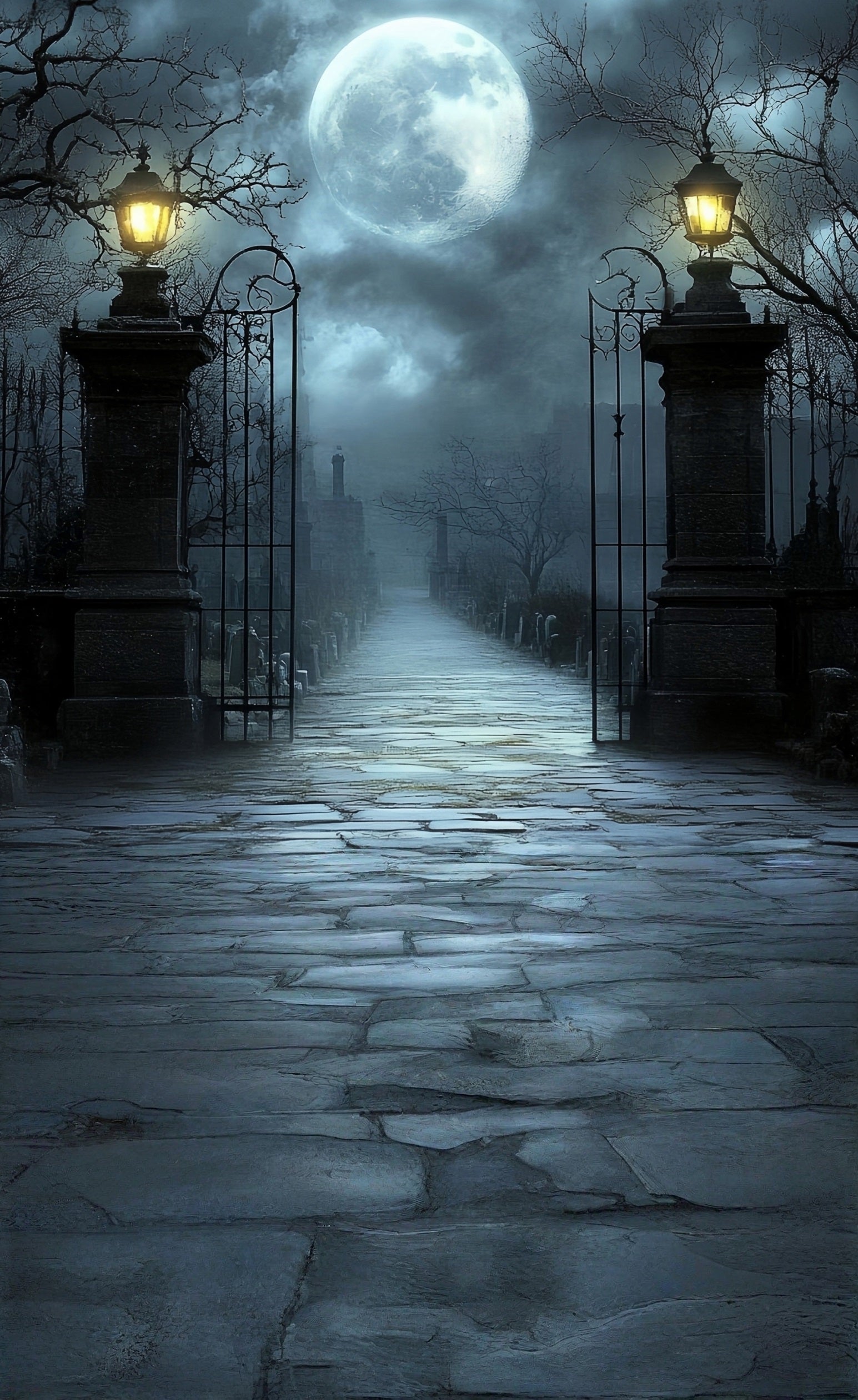 Halloween Backdrop Moonlit Night Misty Vintage Streetlight Cemetery Gates Sweep Backdrop MRR8-67