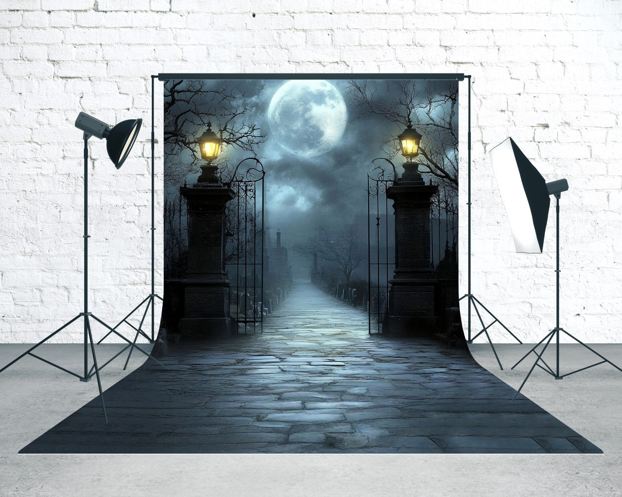 Halloween Backdrop Moonlit Night Misty Vintage Streetlight Cemetery Gates Sweep Backdrop MRR8-67