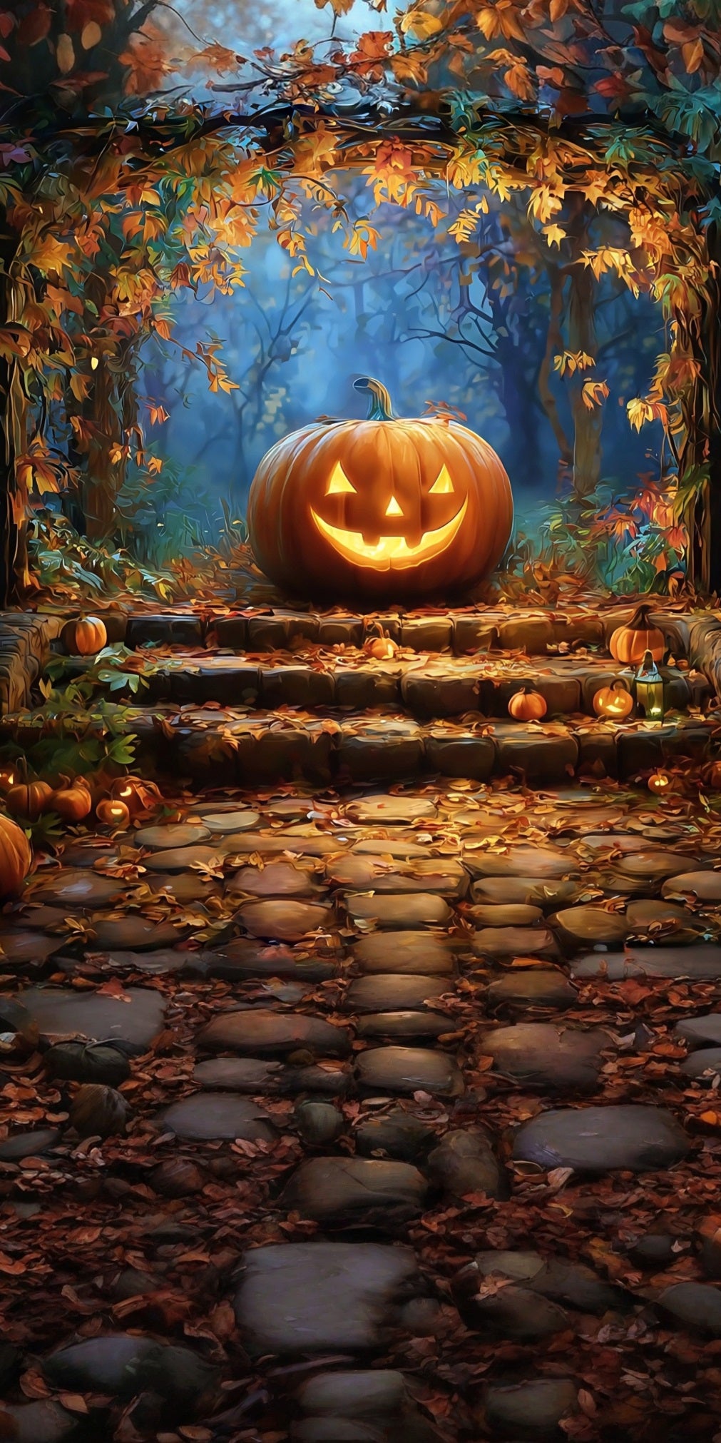 Halloween Wall Backdrop Wicked Smiley Pumpkin Lights Under Fall Leaves Sweep Backdrop MRR8-68