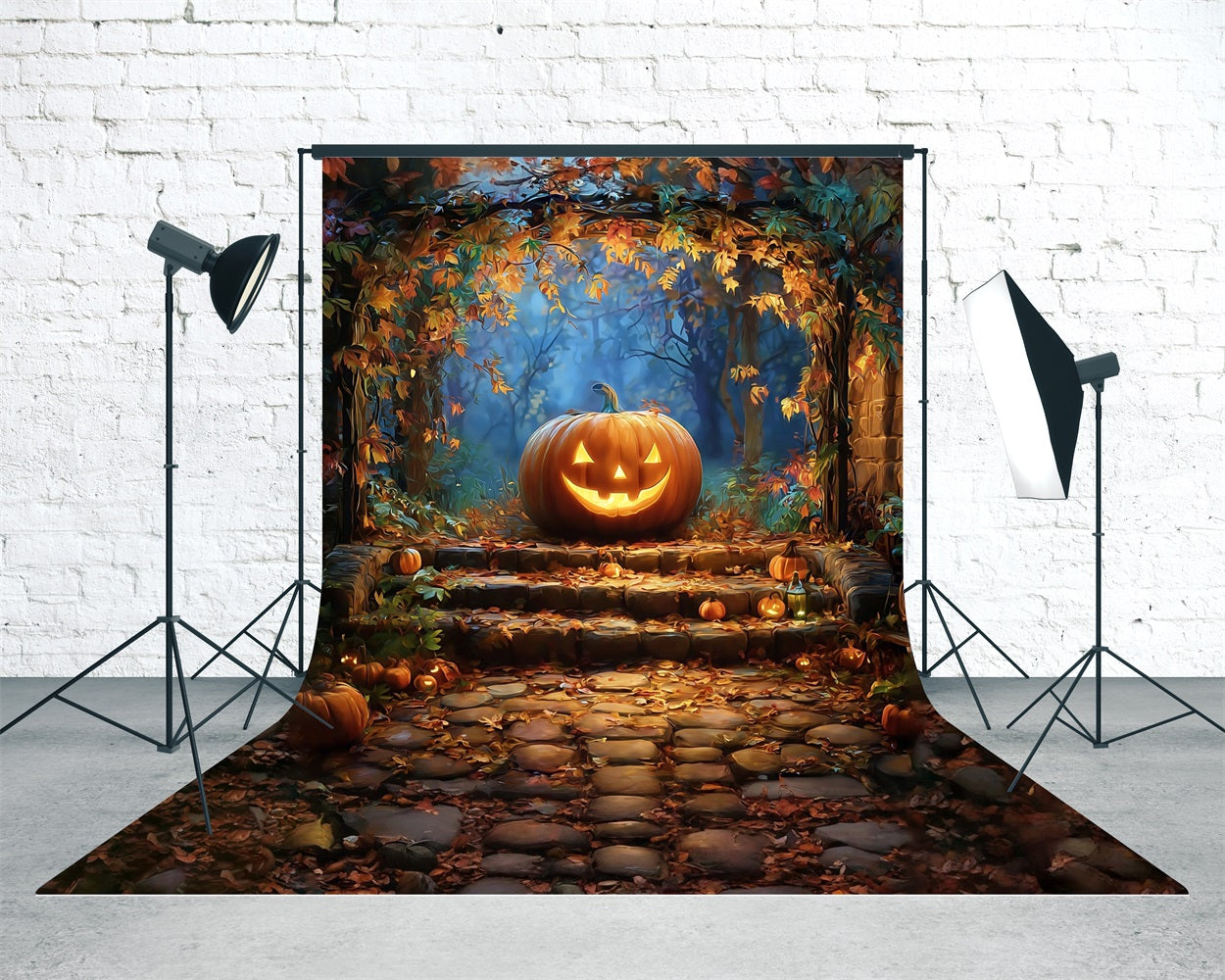 Halloween Wall Backdrop Wicked Smiley Pumpkin Lights Under Fall Leaves Sweep Backdrop MRR8-68