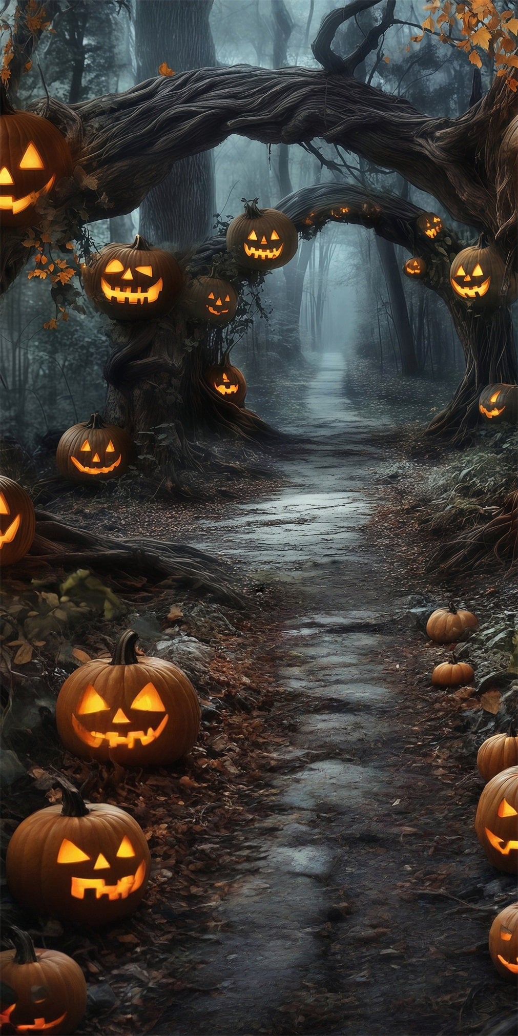 Halloween Photo Backdrops Pumpkin Lights Vines Arches Forest Trail Sweep Backdrop MRR8-69