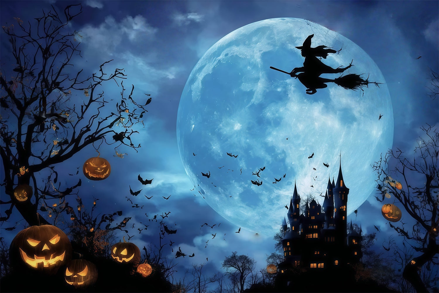 Spooky Halloween Backdrop Mystic Forest Castle Full Moon Witch Halloween Backdrop MRR8-7