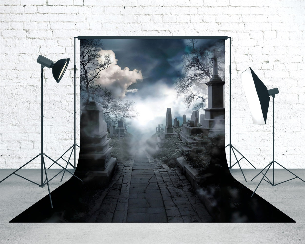 Halloween Graveyard Backdrop Quiet Smokey Cemetery Sweep Backdrop MRR8-70